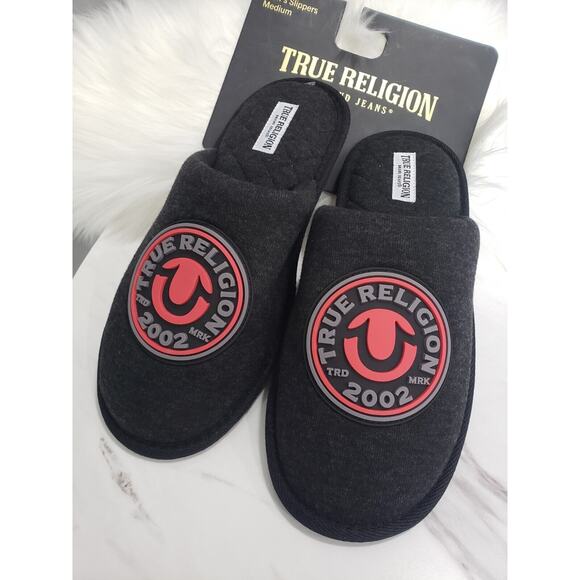 NEW True Religion Men's Slippers Sz‎ 9-10 Medium Black Red Horseshoe House Shoe - Picture 1 of 3
